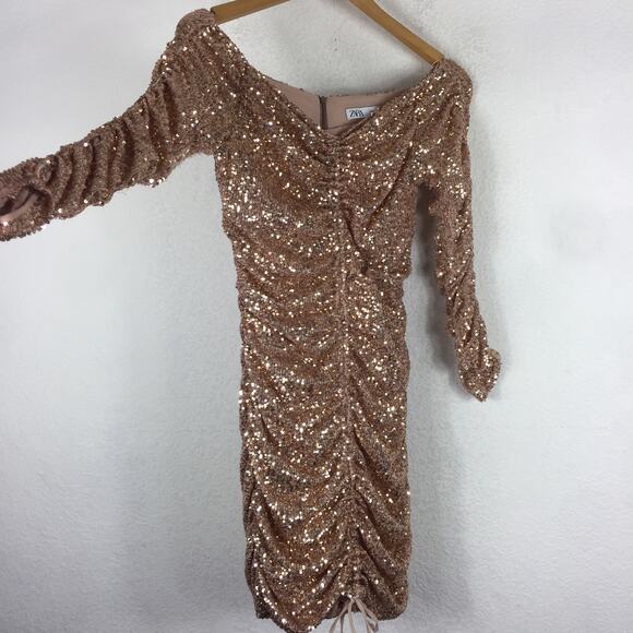 Zara Rose Gold Sequin Long Sleeve Ruched Mini Dress Small Cocktail Off Shoulder - Picture 13 of 16